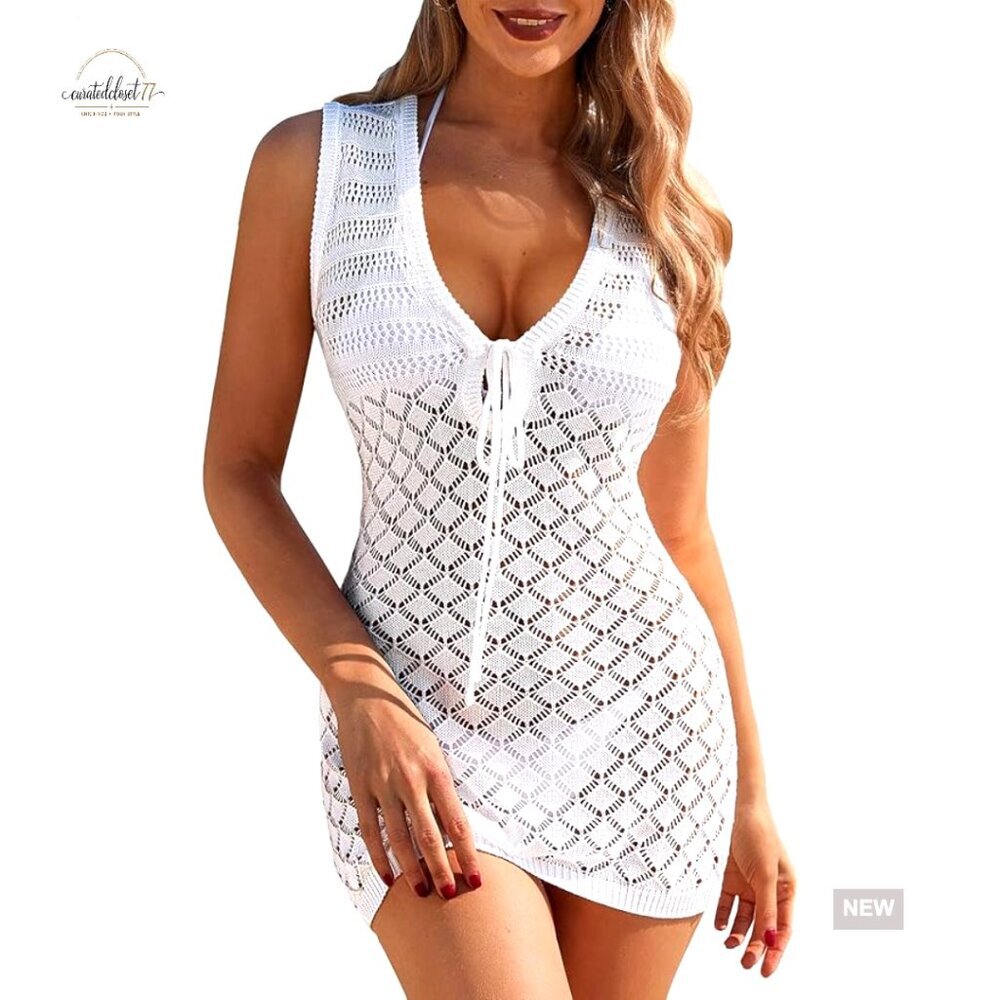 Sleeveless Crochet Mesh Coverup Dress, Slim Fit, Polyester, Beach Pool Wear
